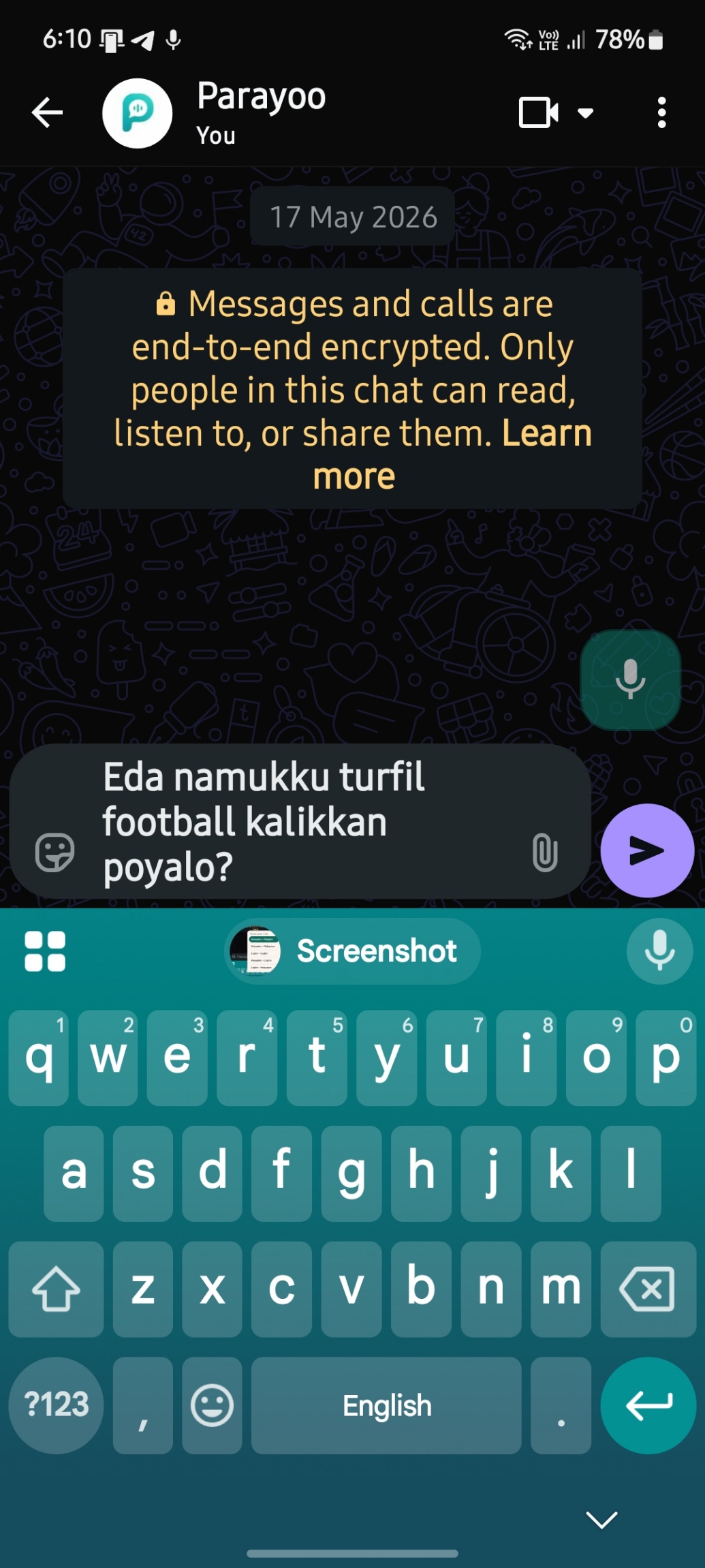 WhatsApp showing a Manglish message created with Parayoo